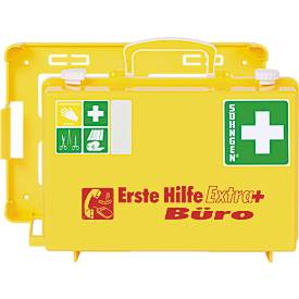 Erste-Hilfe-Koffer Extra+ BÜRO SN-CD, DIN 13157, gelb, Reflektionsstreifen, inkl. Wandhalterung, befüllt, ABS-Kunststoff