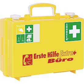 Erste-Hilfe-Koffer Extra+ BÜRO SN-CD, DIN 13157, gelb, Reflektionsstreifen, inkl. Wandhalterung, befüllt, ABS-Kunststoff