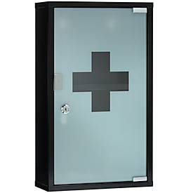 Erste-Hilfe-Schrank First Aid Only, ohne Inhalt, 2 Fächer, abschließbare Milchglastür, Wandmontage, B 300 x T 500 x H 120 mm, Metall und Glas, schwarz