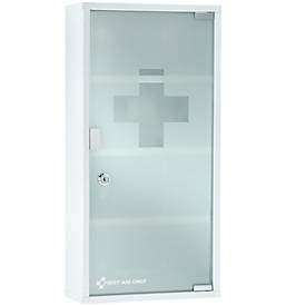 Erste-Hilfe-Schrank First Aid Only, ohne Inhalt, 4 Fächer, abschließbare Milchglastür, Wandmontage, B 300 x T 660 x H 120 mm, Metall und Glas, weiß