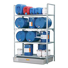 Erweiterungseinheit für CEMO Fassregal Typ 540 mit GFK-Auffangwanne 150l, Stahl verzinkt, für 6x 60 l Fass, B 1320 x T 800 x H 2000 mm