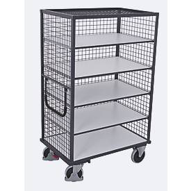 ESD-Drahtgitter-Etagenwagen, Stahl/Spanplatte, Graphitgrau/ Lichtgrau, 5 Etagen, 1045 x 685 mm, 3 Wände und Dach, EasySTOP, bis 500 kg