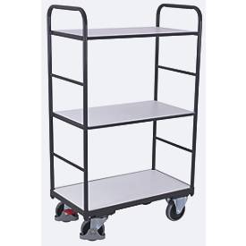 ESD-Etagenwagen, Stahl/Spanplatte, Graphitgrau/ Lichtgrau, 3 Etagen, 850 x 500 mm, EasySTOP, bis 250 kg