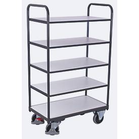 ESD-Etagenwagen, Stahl/Spanplatte, Graphitgrau/ Lichtgrau, 5 Etagen, 850 x 500 mm, EasySTOP, bis 250 kg