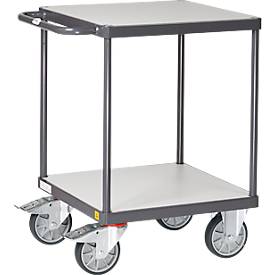 ESD-Tischwagen Fetra 9496, bis 500 kg, 2 Etagen mit Holzwerkstoffböden, Ladefläche L 600 x B 600 mm, TPE-Bereifung, Schiebegriff, Stahl, schiefergrau