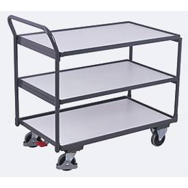 ESD-Tischwagen, Stahl/Spanplatte, Graphitgrau/Lichtgrau, 3 Etagen, L 985 x B 605 mm, TPE-Rollen mit EasySTOP, bis 250 kg