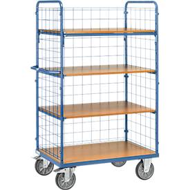 Etagenwagen, 4 Holz-Böden, bis 600 kg, 3 Gitterwände, 1200 x 800 mm, Stahl, blau