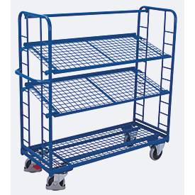 Etagenwagen, Stahl/Drahtgitter, Enzianblau, 3 Etagen, 1355 x 550 mm, Stirnwände mit Rundstahlverstrebung, EasySTOP, bis 250 kg