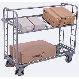 Etagenwagen, Stahl/Drahtgitter, silber, 2 Etagen, 1355 x 550 mm, 2 Stirnwände mit Rundstahlverstrebung, EasySTOP, bis 250 kg