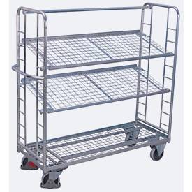 Etagenwagen, Stahl/Drahtgitter, silber, 3 Etagen, 1400 x 550 mm, 2 Stirnwände mit Rundstahlverstrebung, EasySTOP, bis 250 kg
