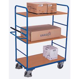 Etagenwagen, Stahl/MDF-Platte, Enzianblau/Buche-Dekor, 3 Etagen, 1000 x 600 mm, mit Totmannbremse, bis 500 kg