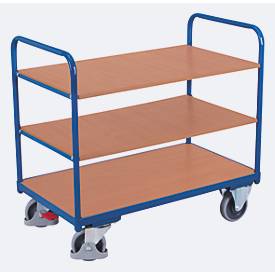 Etagenwagen, Stahl/MDF-Platte, Enzianblau/Buche-Dekor, 3 Etagen, 1200 x 800 mm, EasySTOP, bis 250 kg