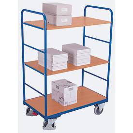 Etagenwagen, Stahl/MDF-Platte, Enzianblau/Buche-Dekor, 3 Etagen, 850 x 500 mm, EasySTOP, bis 250 kg