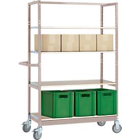 Etagenwagen VARIMOBIL, Stahlblech, 4 höhenverstellbare Holzböden, bis 250 kg, Tiefe 500 mm