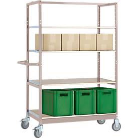 Etagenwagen VARIMOBIL, Stahlblech, 4 höhenverstellbare Holzböden, bis 250 kg, Tiefe 600 mm