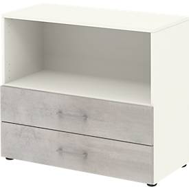 Etagère combinée de bureau TEMPIO, en bois, 2 tiroirs, 2 OH, L 800 x P 340 x H 720 mm, blanc/béton