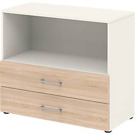 Etagère combinée de bureau TEMPIO, en bois, 2 tiroirs, 2 OH, L 800 x P 340 x H 720 mm, blanc/chêne Sonoma