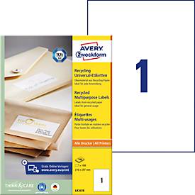 Etiketten AVERY® Zweckform, für Druckertyp Inkjet/Laser, rechteckig, nachhaltig, A4 Format, Papier, naturweiß, 100 Etiketten, B 297 x H 210 mm