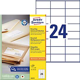 Etiketten AVERY® : Zweckform, für Druckertyp Inkjet/Laser, rechteckig, nachhaltig, A4 Format, Papier, naturweiß, 2400 Etiketten, B 70 x H 36 mm