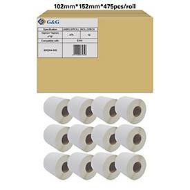 Etiketten G&G, kompatibel zu Zebra 800264-605, 102 x 152 mm, selbstklebend, beschichtet, perforiert, Thermopapier, weiß, 12 x 475 Stück