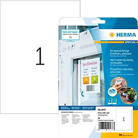 Etiketten HERMA 4577, 210 x 297 mm, 20 Stück, auf DIN A4, wetterfest, selbstklebend, stark haftend, Polyesterfolie, mattweiß