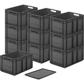 Euro-Maß-Behälter Serie EF 6320, Inhalt 63,7 l, Durchfassgriff, eisengrau, inkl. Deckel, 10 Stück