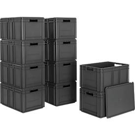 Euro-Maß-Behälter Serie EF 6320, Inhalt 63,7 l, Durchfassgriff, eisengrau, inkl. Deckel, 10 Stück