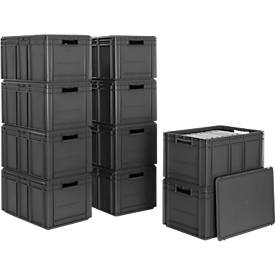 Euro-Maß-Behälter Serie EF 6320, Inhalt 63,7 l, Durchfassgriff, eisengrau, inkl. Deckel, 10 Stück