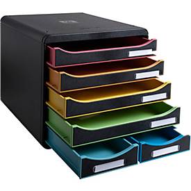 Exacompta BIG BOX MAXI Black Office Schwarz/Harlekin, 6 offene Schubladen (4 groß/2 klein) A4/A4+, leise, 25 Jahre