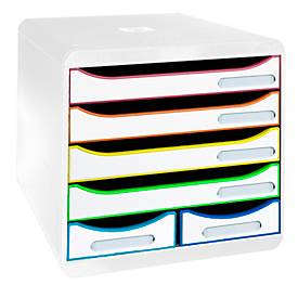 Exacompta BIG BOX MAXI Black Office Weiß/Harlekin, 6 offene Schubladen (4 groß/2 klein) A4/A4+, leise, 25 Jahre