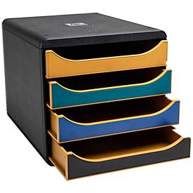 Exacompta Big Box Neo Deco sortiert, 4 offene Schubladen A4/A4+, leise mit Sicherheitsstopp, stapelbar, Blauer Engel