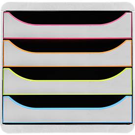 Exacompta Big Box Plus Black Office Weiß/Harlekin, 4 offene Schubladen A4/A4+/24x32 cm, leise, stapelbar