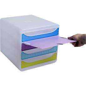Exacompta Big Box Plus Chromaline sortiert, 4 offene Schubladen A4/A4+/24x32 cm, leise mit Stopp, stapelbar