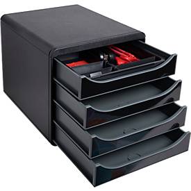 Exacompta Big Box Plus Glossy Schwarz, 4 offene Schubladen A4/A4+/24x32 cm, leise mit Stopp, stapelbar