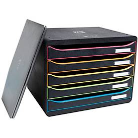 Exacompta Big Box Plus Horizon Schwarz/Harlekin, 5 offene Schubladen A4/A4+, 27 cm tief, leise mit Stopp, stapelbar
