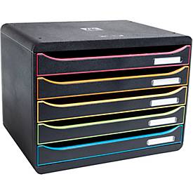 Exacompta Big Box Plus Horizon Schwarz/Harlekin, 5 offene Schubladen A4/A4+, 27 cm tief, leise mit Stopp, stapelbar