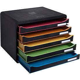Exacompta Big Box Plus Horizon Schwarz/Harlekin, 5 offene Schubladen A4/A4+, 27 cm tief, leise mit Stopp, stapelbar