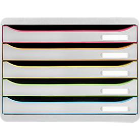 Exacompta Big Box Plus Horizon Weiß/Harlekin, 5 offene Schubladen A4/A4+, 27 cm tief, leise mit Stopp, stapelbar