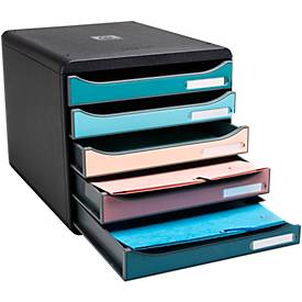 Exacompta Big Box Plus Skandi sortiert, 5 Schubladen A4/A4+, offene Front, leise mit Sicherheitsstopp, stapelbar