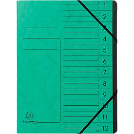 Exacompta Dokumentenmappe, DIN A4, Gummizugverschluss, Karton, 12 Fächer, grün