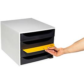 Exacompta ECOBOX Schubladenbox 4 Schübe Himbeerfarben, A4/A4+, offene Front, leise, Sicherheitsstopp