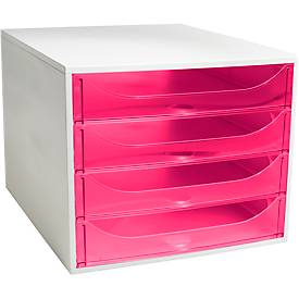 Exacompta ECOBOX Schubladenbox 4 Schübe Himbeerfarben, A4/A4+, offene Front, leise, Sicherheitsstopp