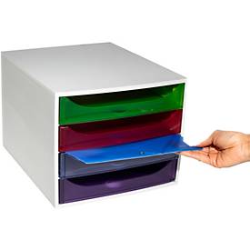 Exacompta ECOBOX Schubladenbox 4 Schübe Regenbogen, A4/A4+, offene Front, leise, Sicherheitsstopp