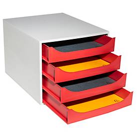 Exacompta ECOBOX Schubladenbox 4 Schübe Rot, A4/A4+, offene Front, leise, Sicherheitsstopp