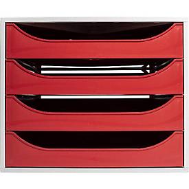 Exacompta ECOBOX Schubladenbox 4 Schübe Rot, A4/A4+, offene Front, leise, Sicherheitsstopp