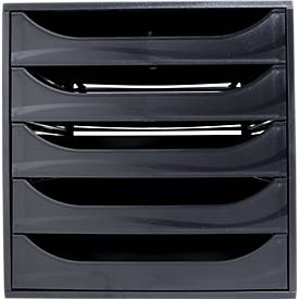Exacompta ECOBOX Schubladenbox Schwarz, 5 offene Schubladen für A4/A4+, leiser Auszug mit Sicherheitsstopp, kompakt