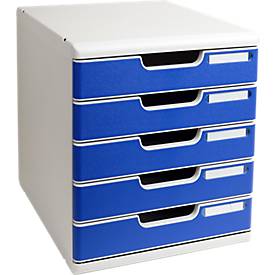 Exacompta MODULO A4 Office Blau, Schubladenbox 5 Schubladen geschlossen A4/A4+, leise, Sicherheitsstopp, stapelbar