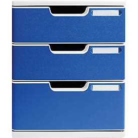 Exacompta MODULO A4 Schubladenbox Blau, 3 Schubladen geschlossen A4/A4+, staubgeschützt, leise, Sicherheitsstopp Fragen Erklären