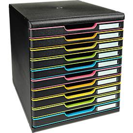 Exacompta MODULO A4 Schubladenbox Schwarz/Harlekin, 10 geschlossene Schubladen A4/A4+, leise, Sicherheitsstopp, stapelbar