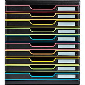 Exacompta MODULO A4 Schubladenbox Schwarz/Harlekin, 10 geschlossene Schubladen A4/A4+, leise, Sicherheitsstopp, stapelbar